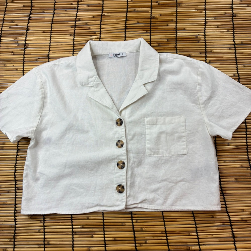Cello C/SONO White Linen Blend Cropped Button Up Top LTP33 Large